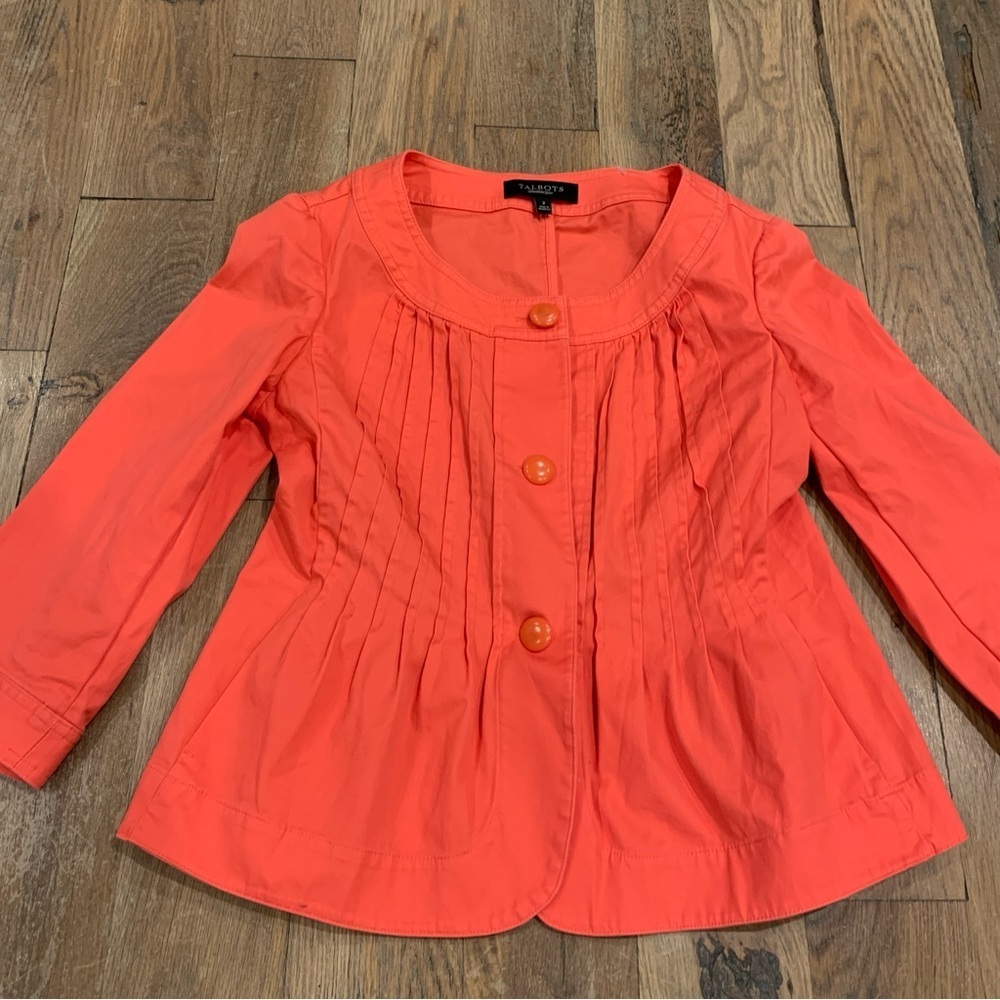 Talbots Pleated Front Orange 3/4 Sleeve Blazer Jacket Size 2